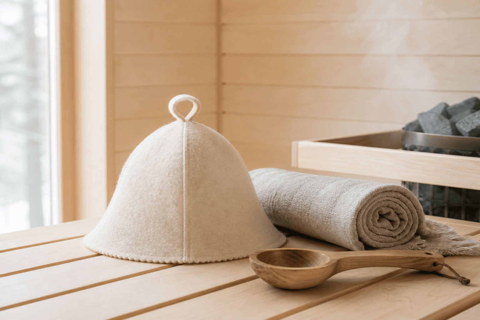 A wool sauna hat and rolled linen towel resting on a birch sauna bench in soft daylight