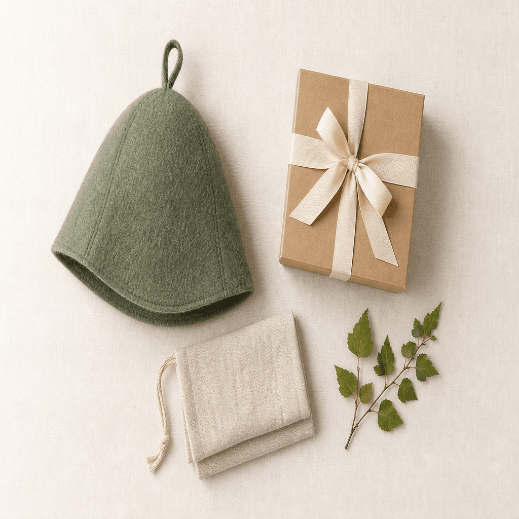 Kova gift set flat lay: sage sauna hat, kraft gift box, linen pouch and birch sprig