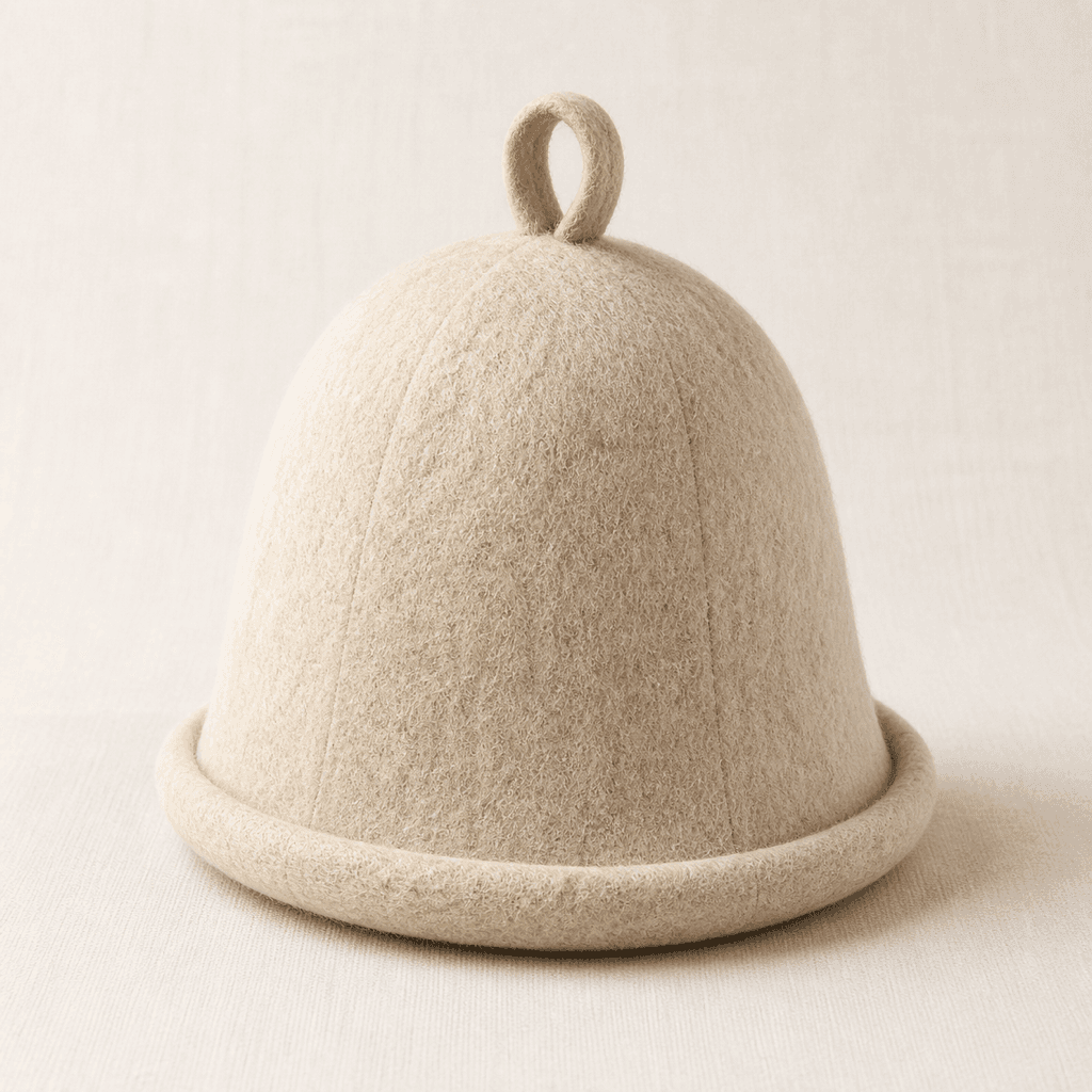 Löyly Classic wool felt sauna hat on a warm off-white background