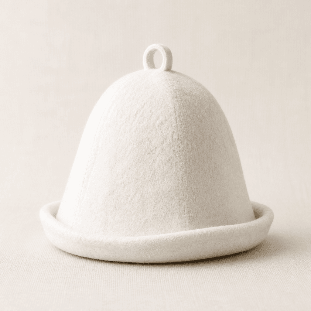 Lumi snow-white wool felt sauna hat on a warm off-white background