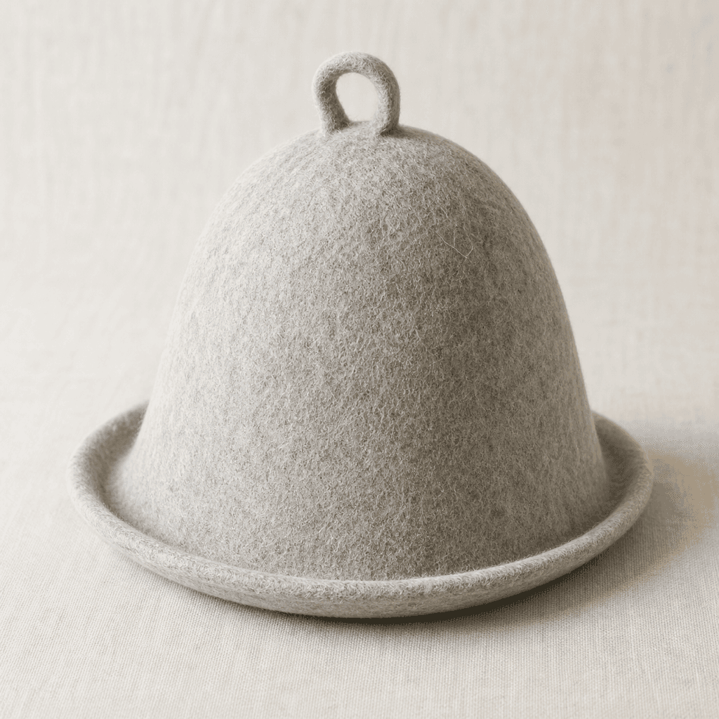 Pilvi soft grey wool felt sauna hat on a warm off-white background
