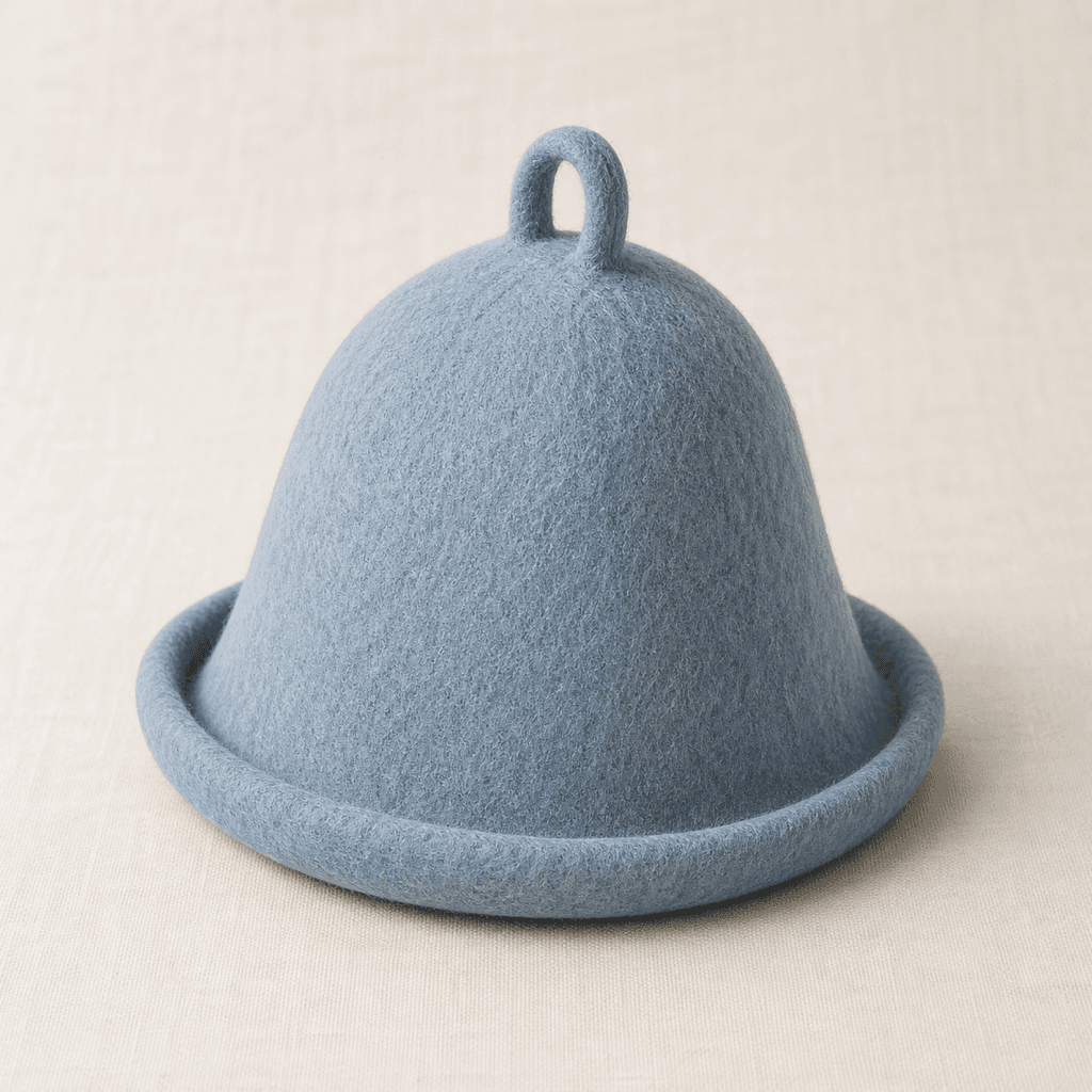 Taivas nordic blue wool felt sauna hat on a warm off-white background
