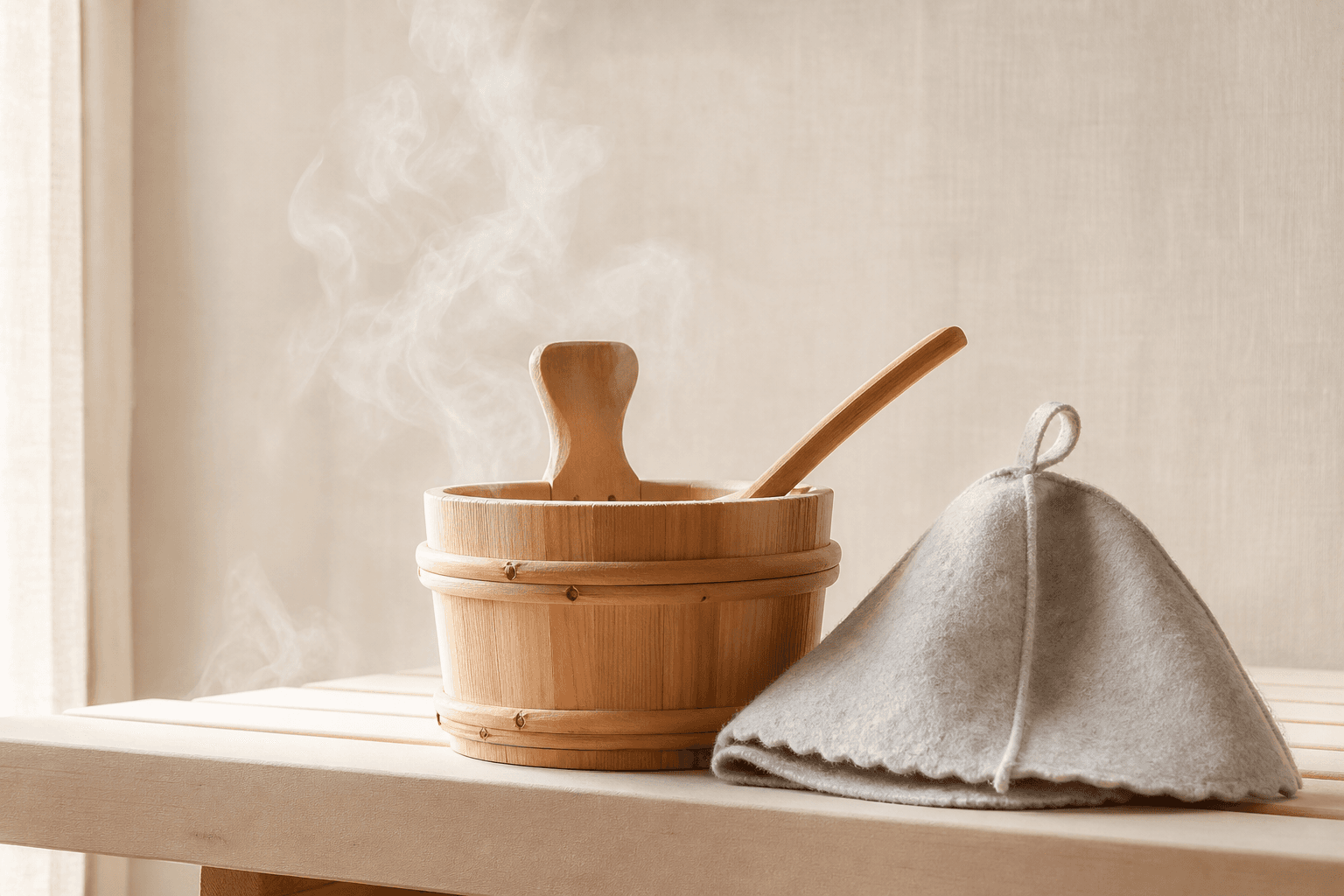 A wooden sauna bucket with ladle and a folded grey wool sauna hat on a birch bench